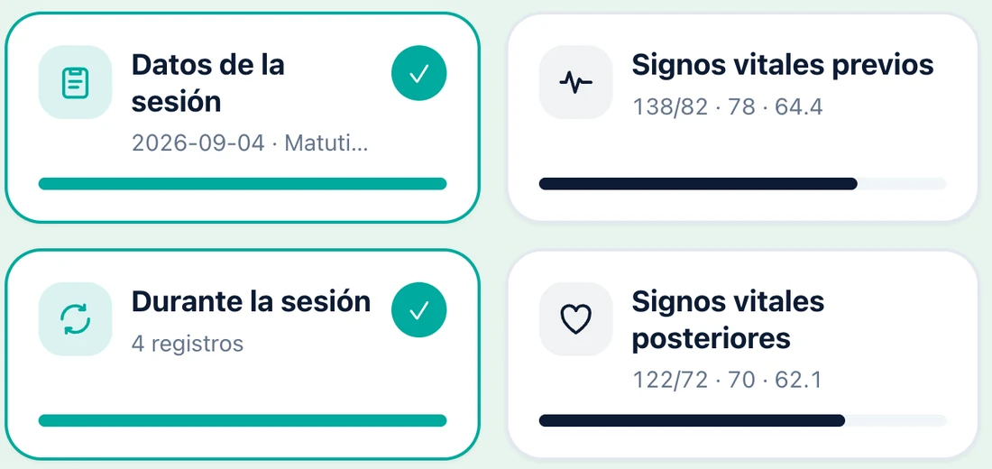 Cuatro tarjetas táctiles de la hoja de enfermería: datos de la sesión y registros durante la sesión marcados como completos, con los signos vitales previos y posteriores del paciente.