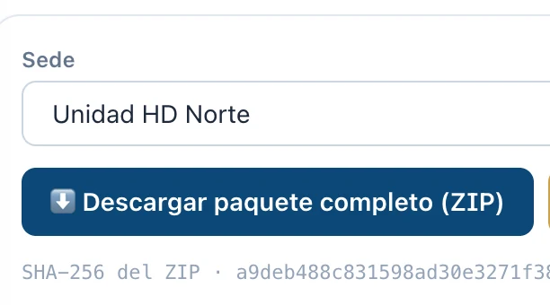 Selector de sede y botón para descargar el paquete completo en ZIP, con la huella SHA-256 del archivo debajo.